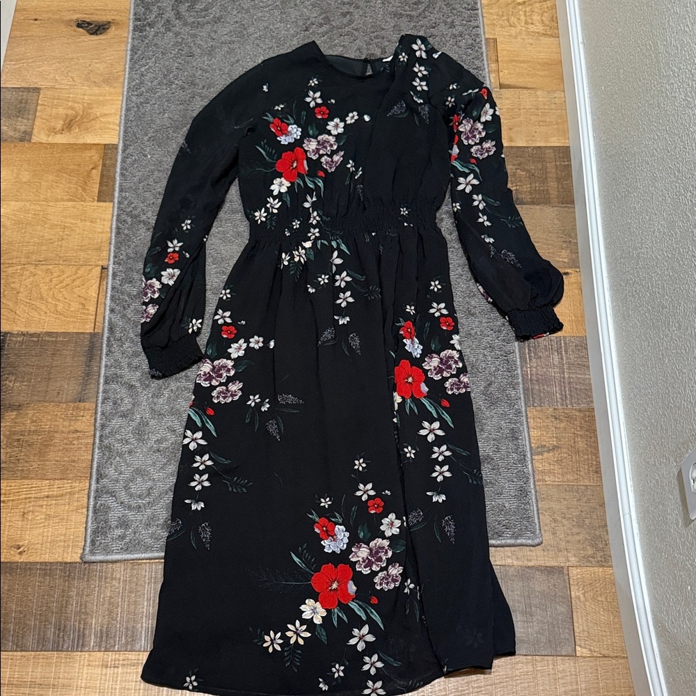 H&M Black Long Sleeve Floral Midi Dress with Red and Purple Blooms